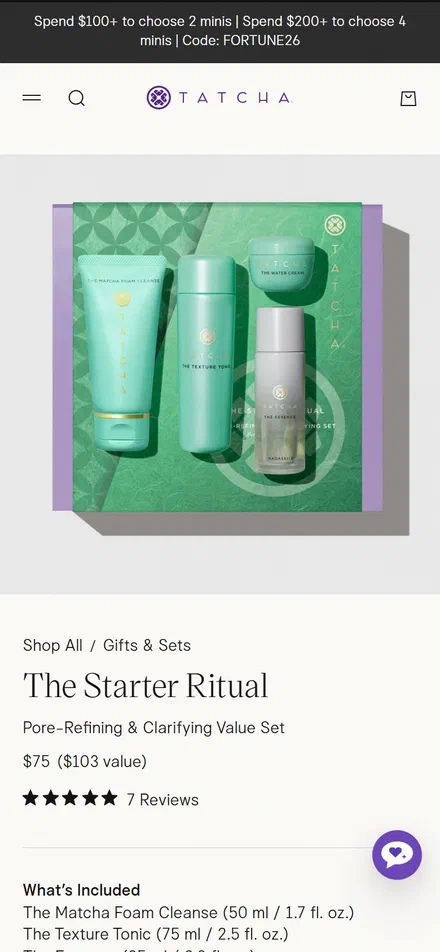 Tatcha product page on mobile, Shopify luxury beauty storefront captured at 390 x 844