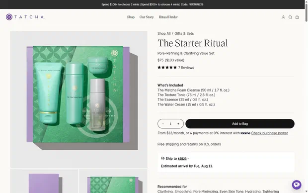 Tatcha product page on desktop, Shopify luxury beauty storefront captured at 1440 x 900