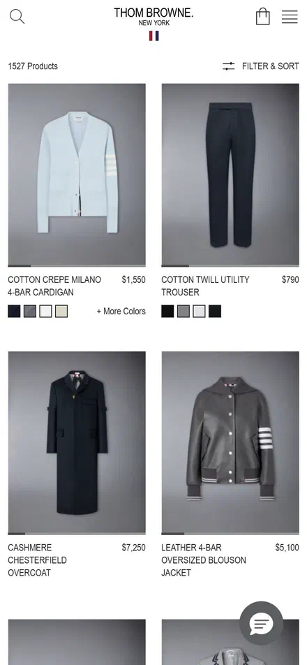 Thom Browne collection: all products on mobile, not disclosed luxury fashion storefront captured at 390 x 844
