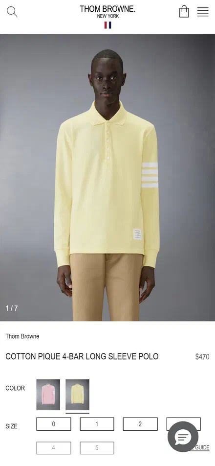 Thom Browne product page on mobile, not disclosed luxury fashion storefront captured at 390 x 844