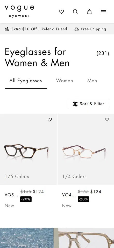 Vogue Eyewear collection: eyeglasses for women & men on mobile, Shopify luxury eyewear storefront captured at 390 x 844