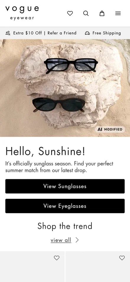Vogue Eyewear homepage on mobile, Shopify luxury eyewear storefront captured at 390 x 844