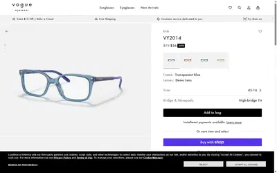 Vogue Eyewear product page on desktop, Shopify luxury eyewear storefront captured at 1440 x 900