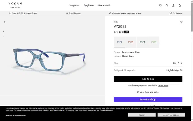 Vogue Eyewear product page on desktop, Shopify luxury eyewear storefront captured at 1440 x 900
