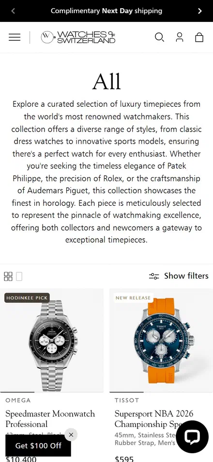 Watches of Switzerland collection: all on mobile, Shopify luxury retail storefront captured at 390 x 844