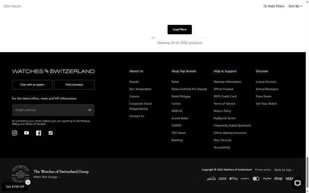 Watches of Switzerland collection: all on desktop, Shopify luxury retail storefront captured at 1440 x 900