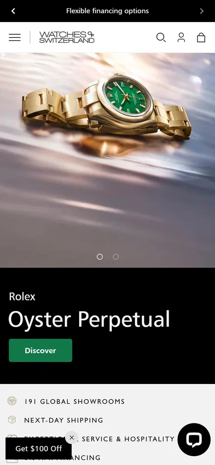 Watches of Switzerland homepage on mobile, Shopify luxury retail storefront captured at 390 x 844