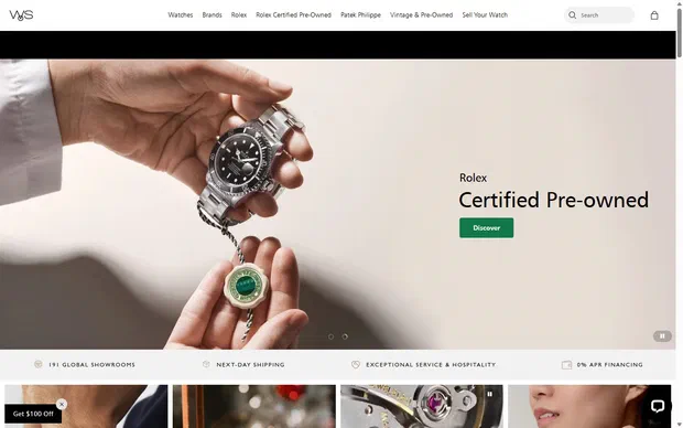 Watches of Switzerland homepage on desktop, Shopify luxury retail storefront captured at 1440 x 900