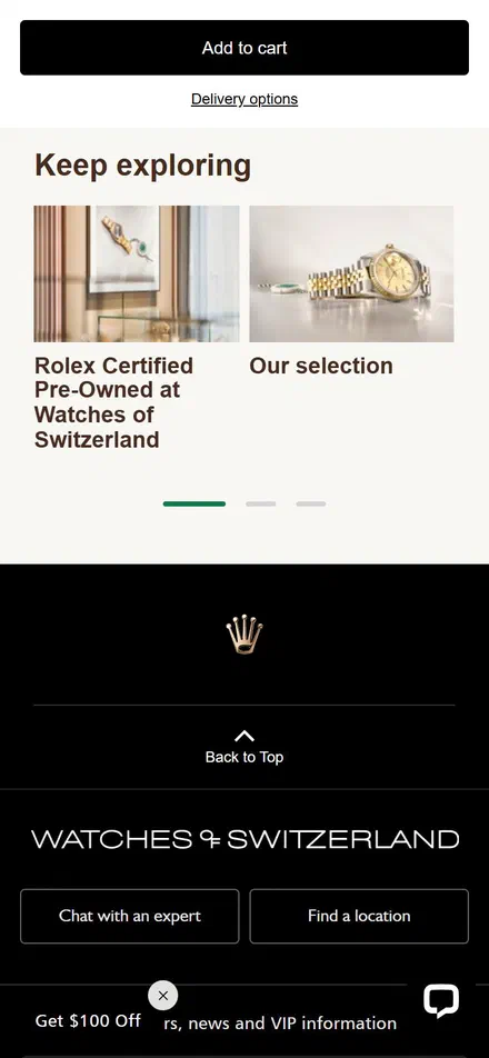 Watches of Switzerland product page on mobile, Shopify luxury retail storefront captured at 390 x 844