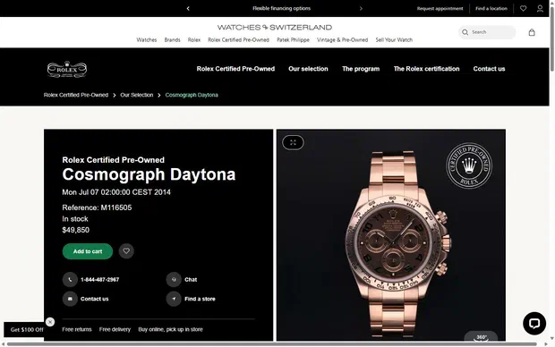 Watches of Switzerland product page on desktop, Shopify luxury retail storefront captured at 1440 x 900