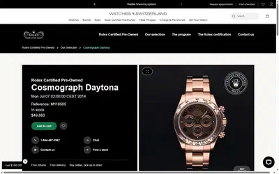 Watches of Switzerland product page on desktop, Shopify luxury retail storefront captured at 1440 x 900