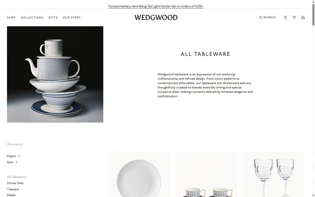 Wedgwood collection: all tableware on desktop, Shopify luxury home and design storefront captured at 1440 x 900