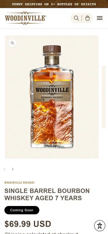 Woodinville Whiskey product page on mobile, Shopify luxury drinks storefront captured at 390 x 844