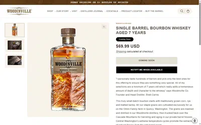 Woodinville Whiskey product page on desktop, Shopify luxury drinks storefront captured at 1440 x 900